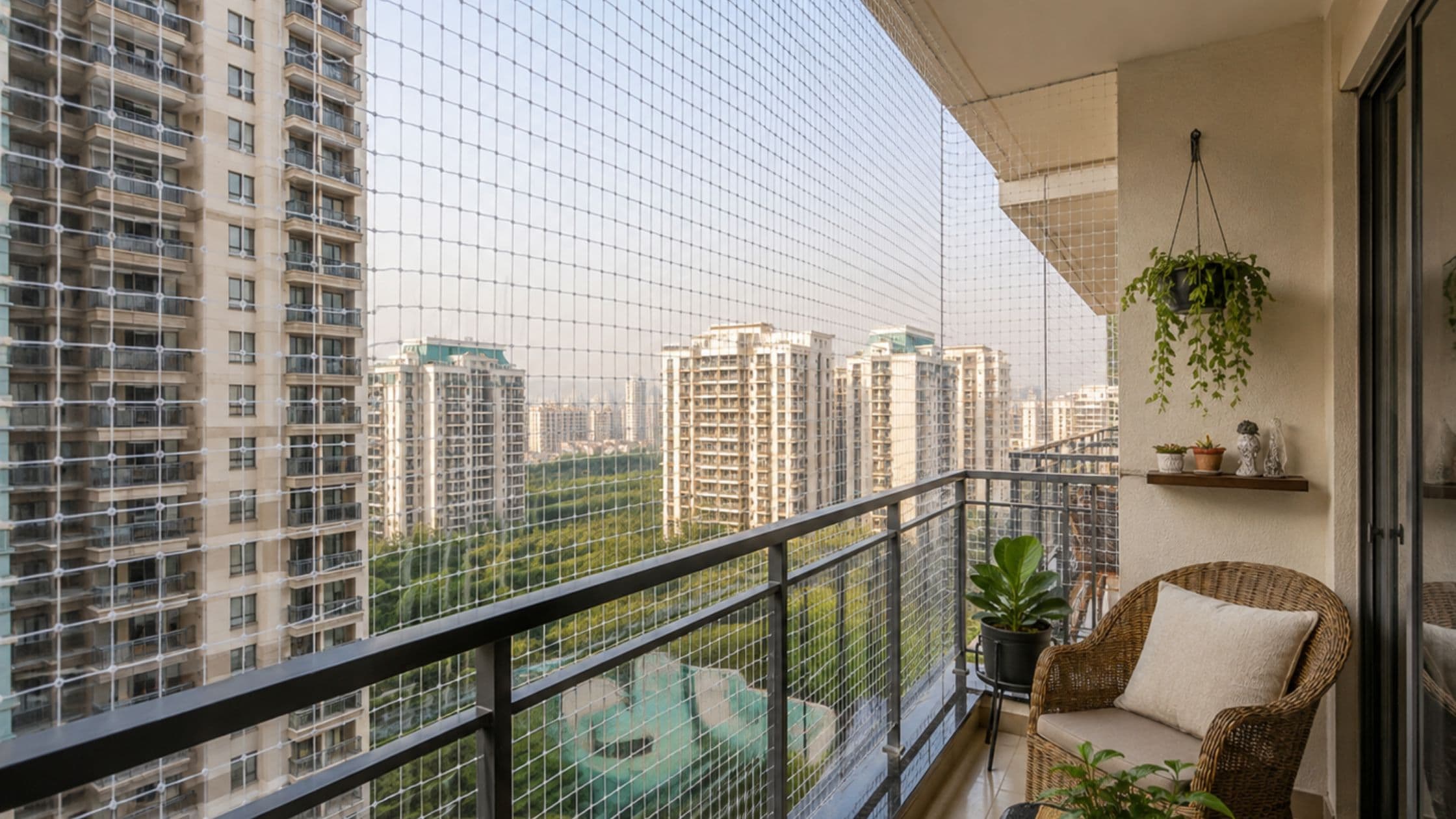 Safety net installed across a residential apartment balcony