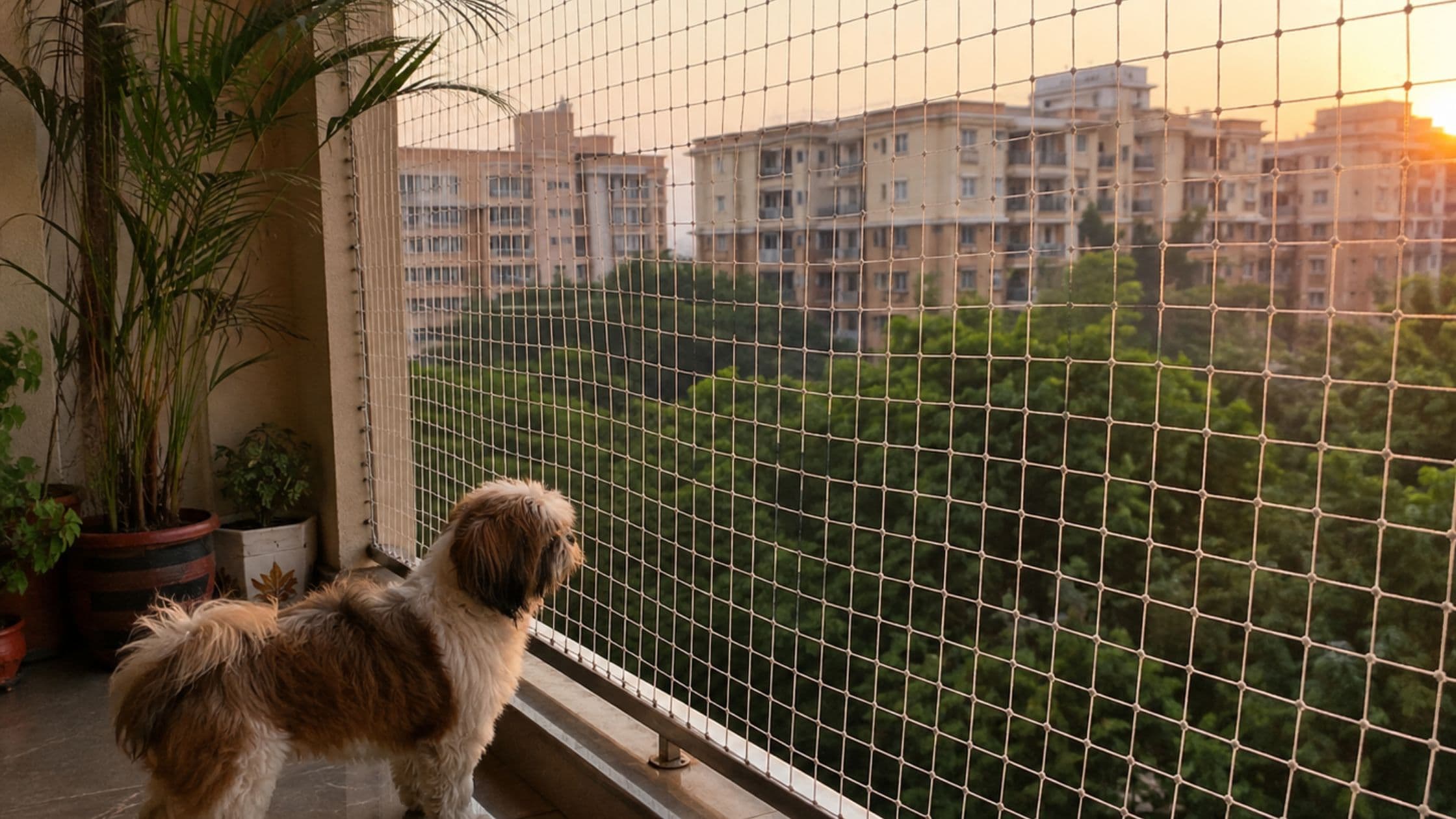 Pet safety net protecting an apartment balcony