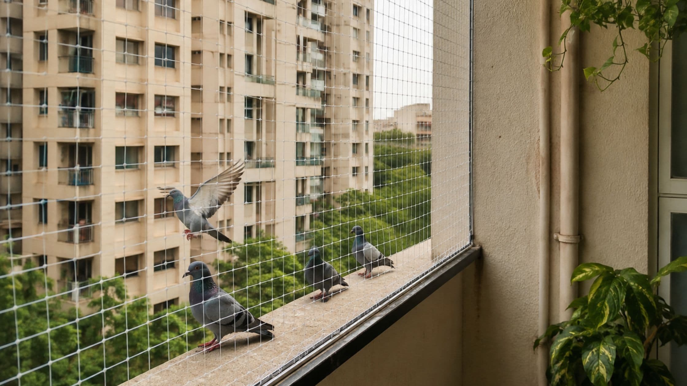 Pigeon protection net installed on an apartment balcony